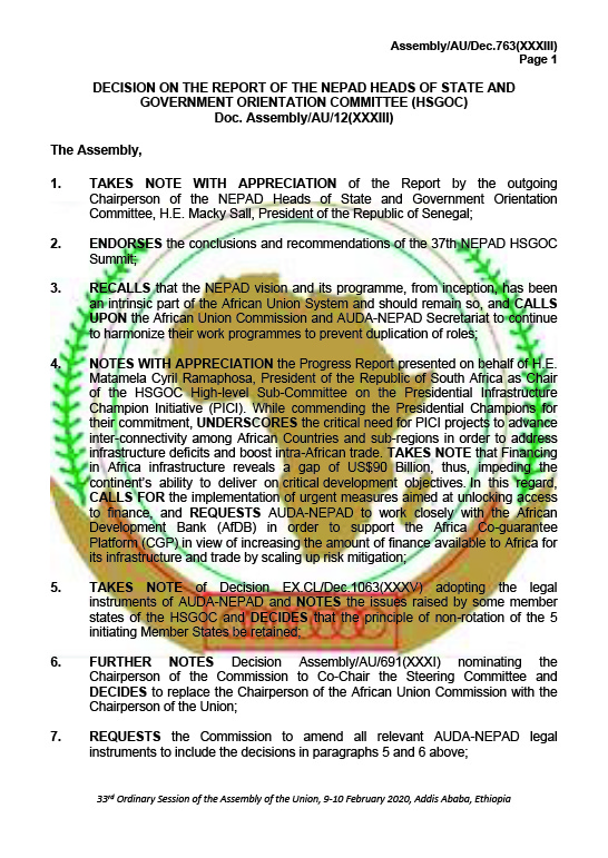 33rd AU Assembly Decision on AUDA-NEPAD: February 2020